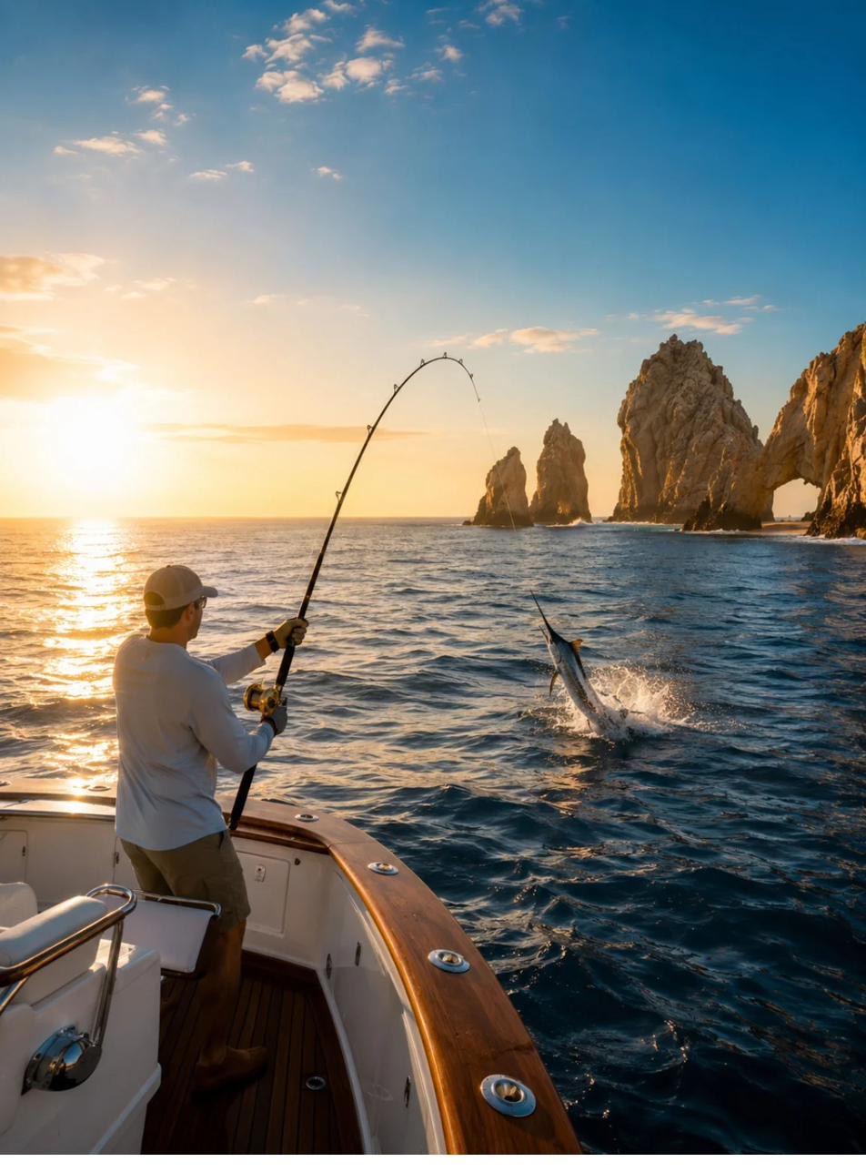 Sport fishing at golden hour off the coast of Los Cabos — the Sea of Cortez
