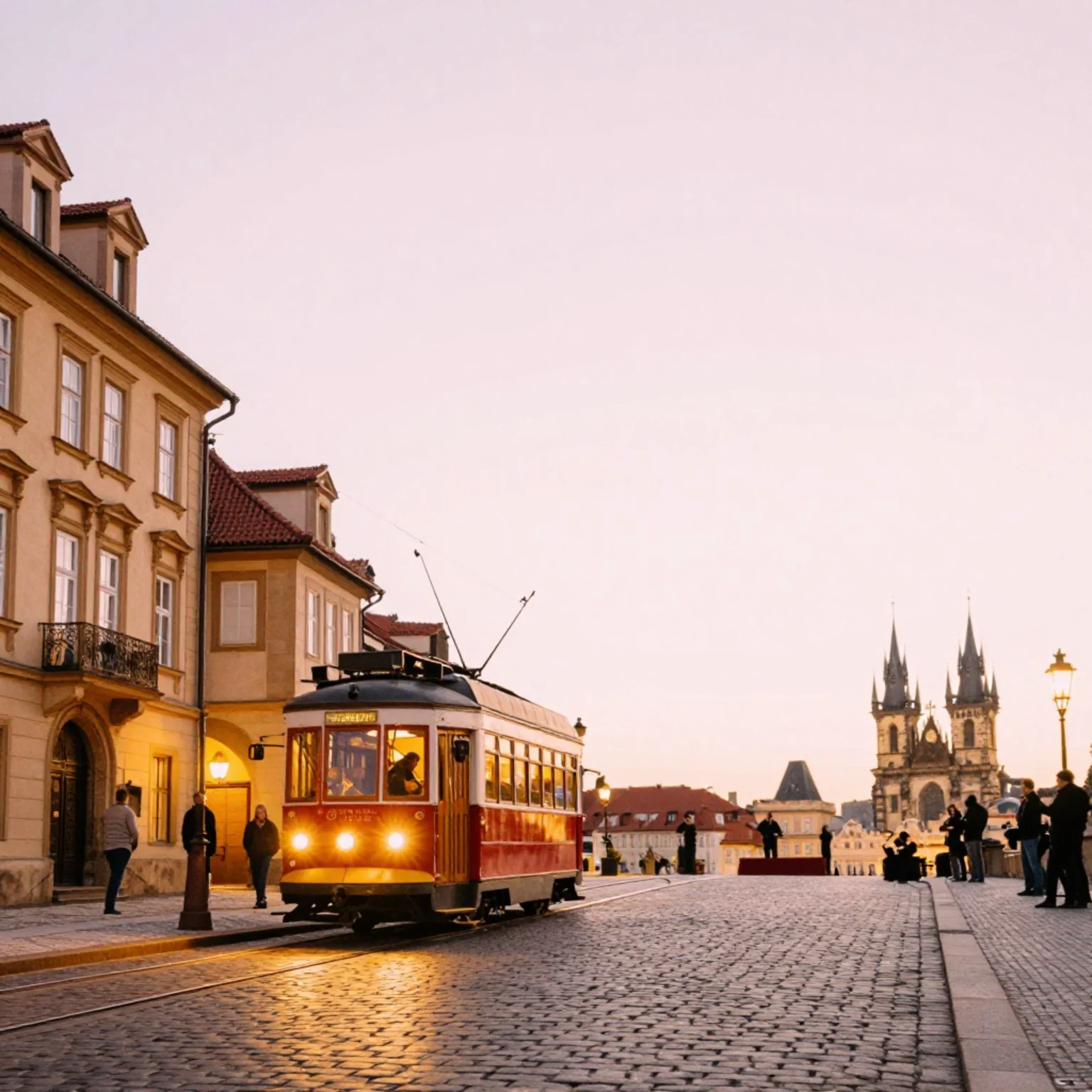Vintage Prague tram at dusk in the historic city center
