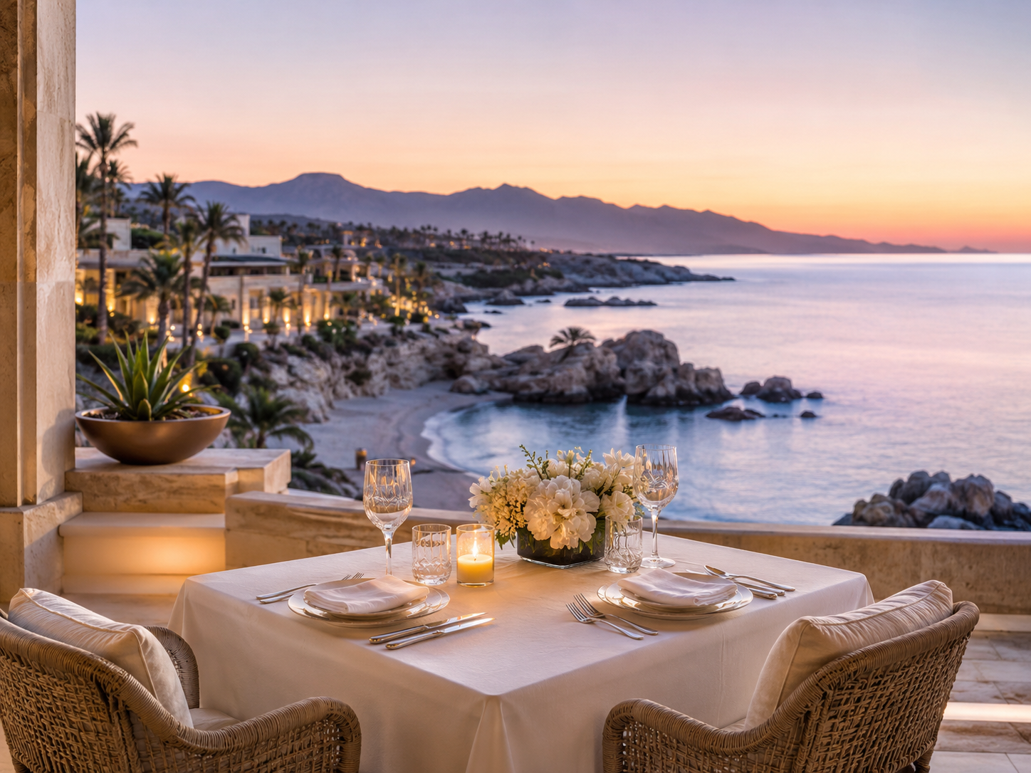 Romantic dinner for two with panoramic ocean view and golden sunset in Los Cabos